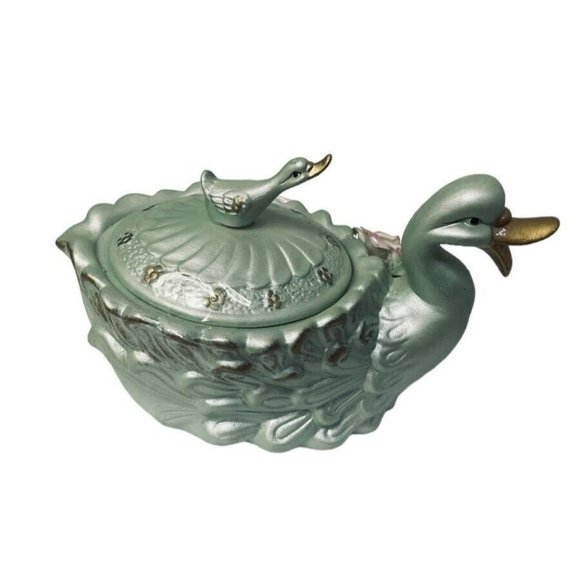 American Style Porcelain Blue Swan Lidded Cookie Jar Collectible Decorative 9" - Picture 1 of 15